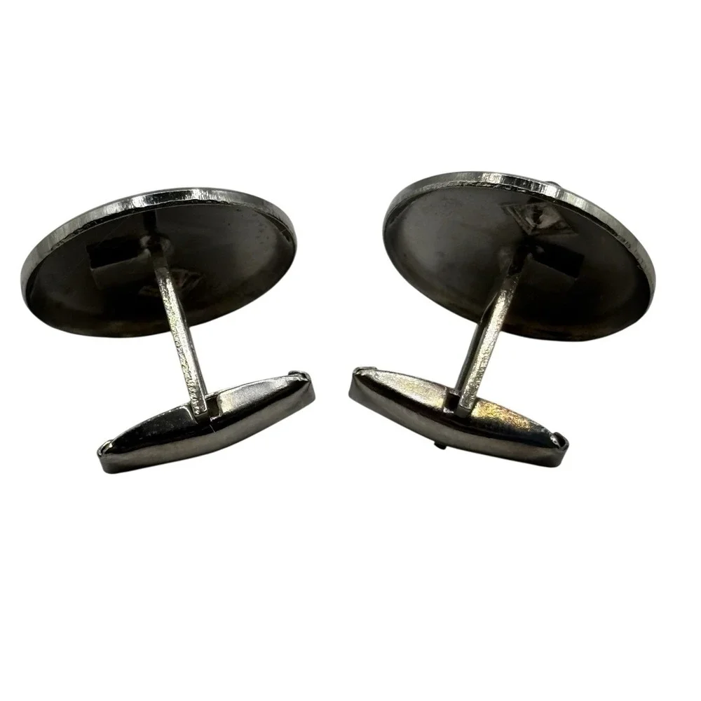 Vintage Abstract Cufflinks Round Textured Silver Tone Tiny‎ Black Bead Accent